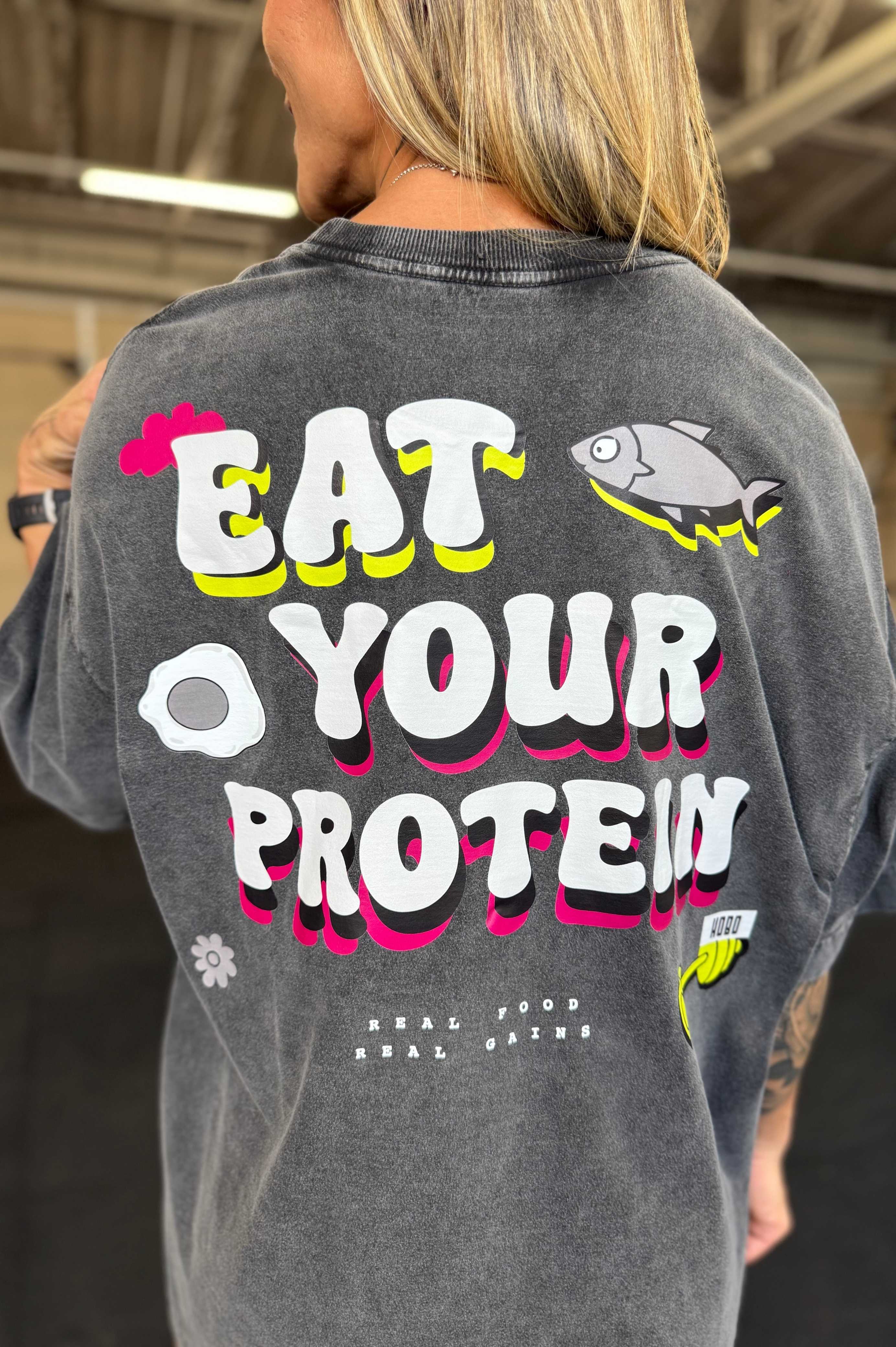 Camiseta Eat Your Protein Oversized Preta Marmorizada